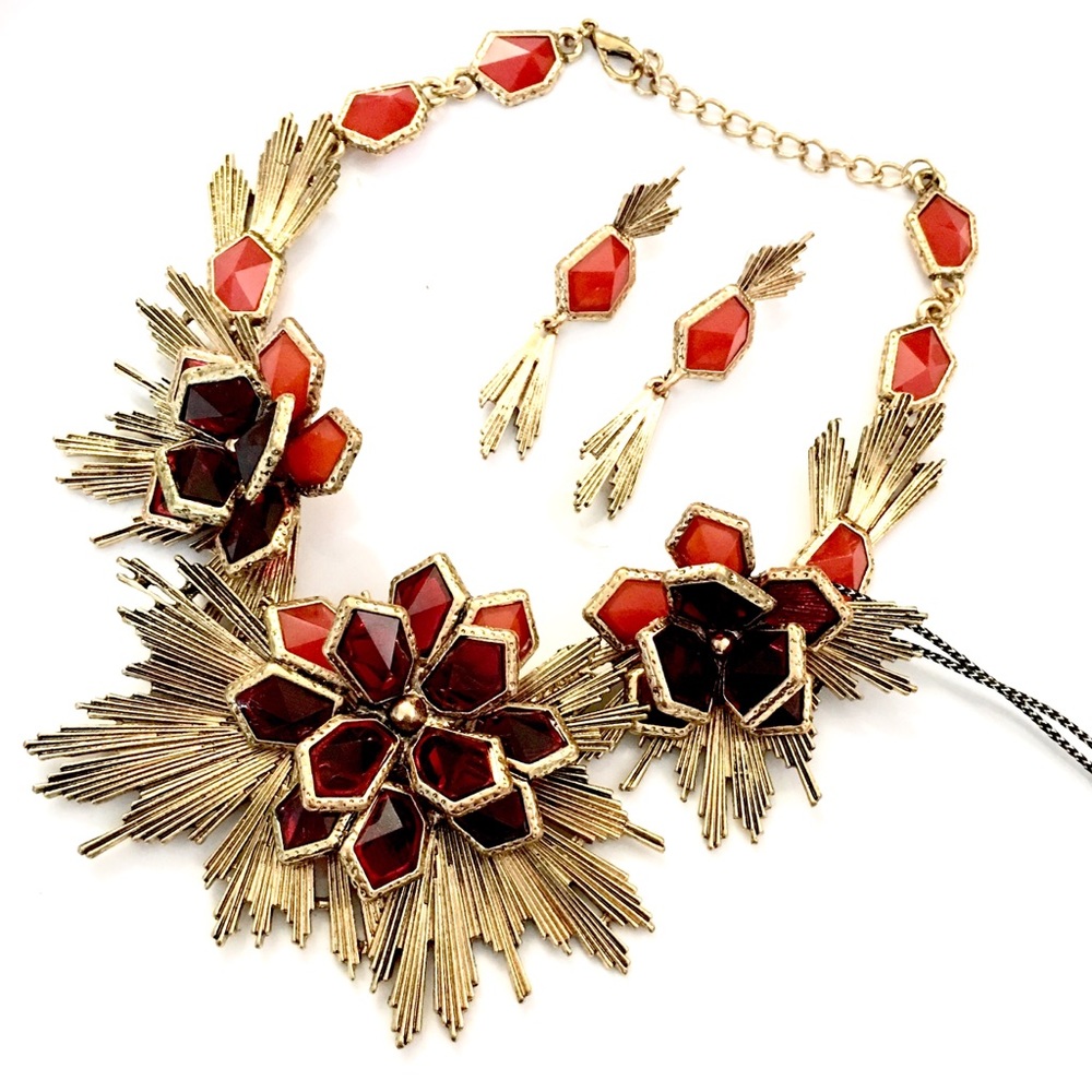 Statement Dimensional Red Rust Floral Necklace Ear - image 2